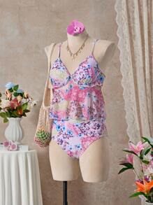 SHEIN Swim 女士碎花荷叶边可调节高腰度假吊带比基尼上衣 - 粉色 - 查看 1
