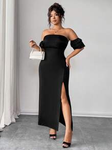 Elenzga Plus Size Women Elegant Solid Color Strapless Fitted Slit Casual Party Dress - Black - View 4