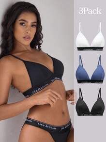 EasyFave 3 piezas de sujetadores cómodos para mujer con tirantes de espagueti y cinta jacquard con letras - Multicolor - Ver 1