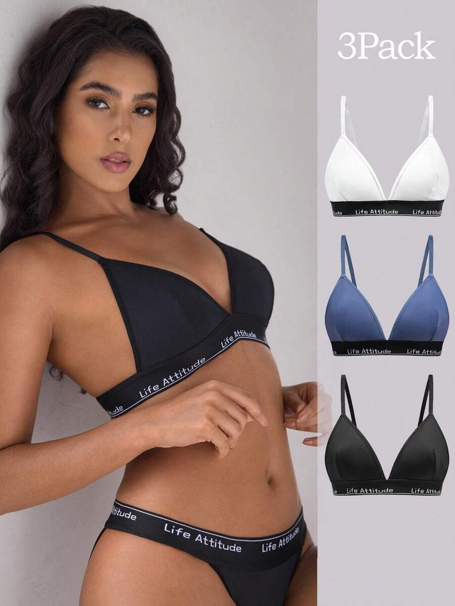 EasyFave 3 piezas de sujetadores cómodos para mujer con tirantes de espagueti y cinta jacquard con letras - Multicolor - Ver 1