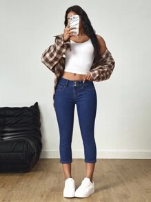 SHEIN Tall Casual Elastic Waist Cuffed Ankle Skinny Jeans, Tall Women - Dark Wash - View 5