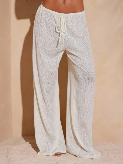 Hauture Women's Casual Solid Color Vacation Crochet Pants For Vacation, Summer, Beach Style