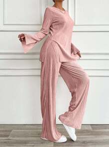 EURMUSE 2pcs Set Casual Solid Color Flare Sleeve Top And Pants - Watermelon Pink - View 5