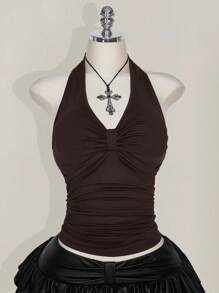 SHEIN ICON Plus Size Black Halter Ruched Backless Top, Bowknot, Suitable For Vacation, Music Festival, Punk