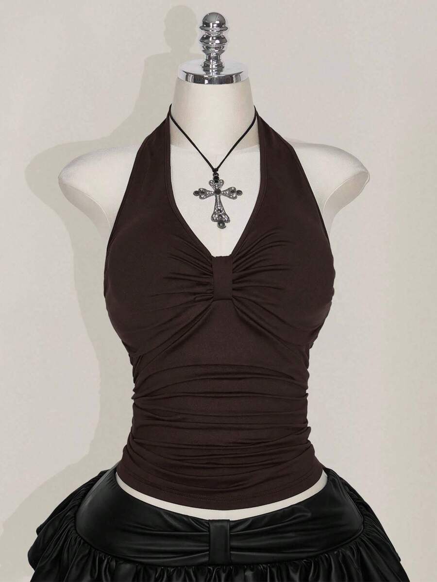 SHEIN ICON Plus Size Black Halter Ruched Backless Top, Bowknot, Suitable For Vacation, Music Festival, Punk