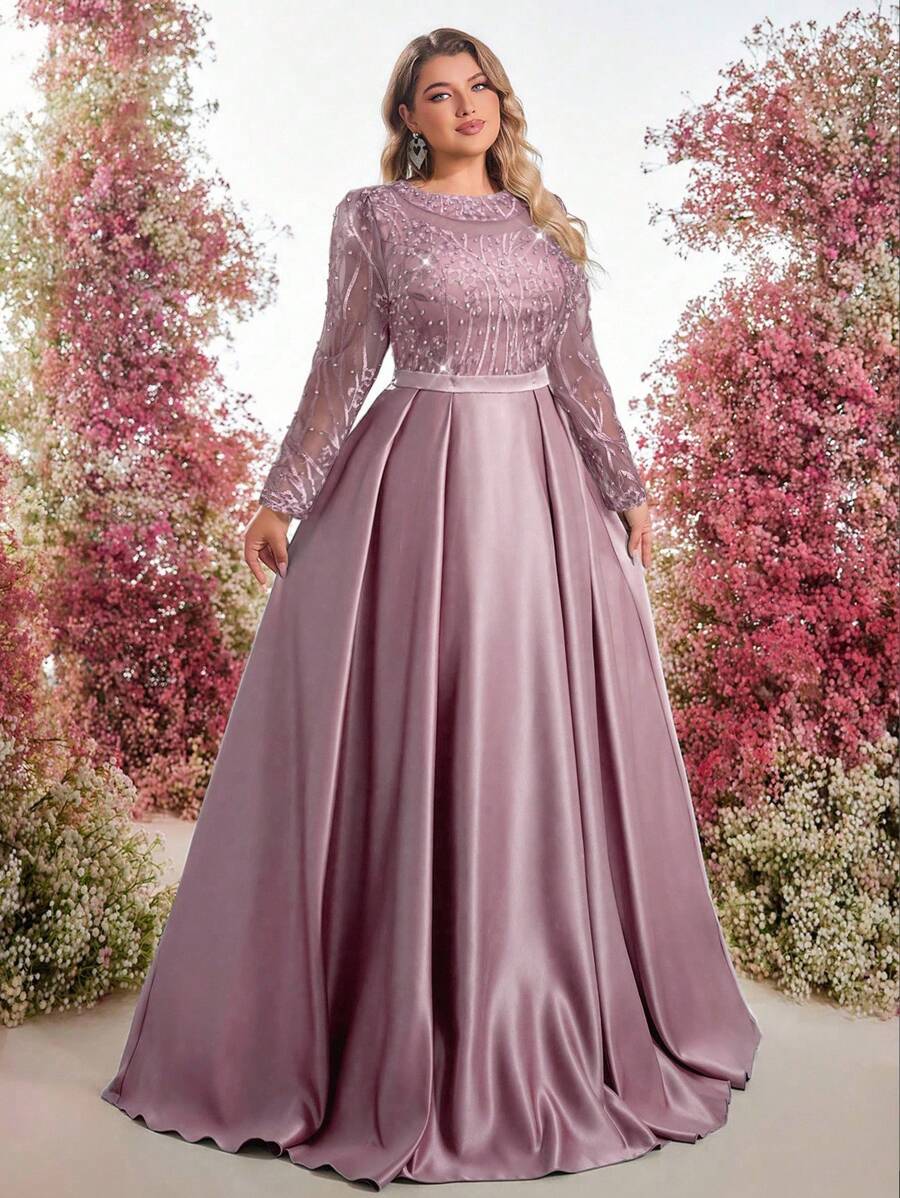 Glamrae Plus Size Elegant Romantic Boat Neck Long Sleeve Sheer Beaded Embroidered Patchwork A-Line Formal Gown - Pink - View 1
