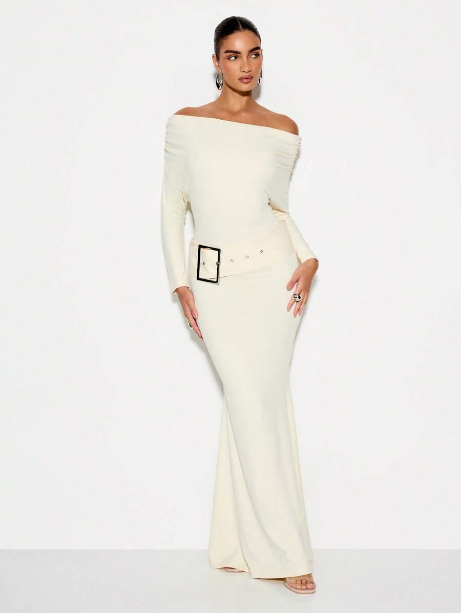 KIZN Long Sleeve Bardot Belted Maxi Gown Evening Formal Wedding Guest Empire Waist Floor Length Dress Winter Fall Special Occasion Sophisticated Elegant - Light Yellow - View 1