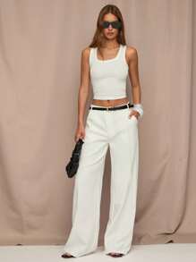 SHEIN BAE Women's Elegant Casual Off-White Classy Wide Leg Pants, Autumn Office Daily Business Casual Dress Pants, Loose Toothpick Stripe Design Commuting Work - White - View 6