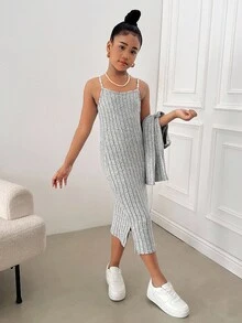 SHEIN 青少年女孩罗纹长袖连衣裙配吊带裙套装，休闲日常时尚百搭服装 - 灰色 - 查看 3