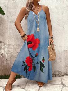 SHEIN Clasi 加大码女式花卉玫瑰印花细肩带 V 领连衣裙，宽松舒适 - 藍色 - 查看 5