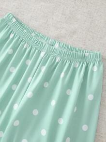 SHEIN 2 件套女童可爱兔子波尔卡圆点印花短袖上衣和宽松裤子休闲舒适睡衣 - 綠色 - 查看 5