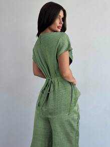 Firerie 女士优雅通勤裹胸系腰上衣和阔腿裤套装 - 軍綠色 - 查看 2