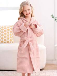 SHEIN 1 Stück, Waffelmuster Kapuzen Bademantel für Studenten, Doppellagiger Wabenmuster Waffelbademantel für Studenten, Studentenbademantel, verdickt und weich, wasserabsorbierend und schnelltrocknend, Rosa/Grün/Weiß, Kapuzen Bademantel für Studenten