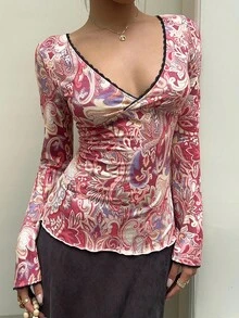 Sunnyshic Women's Paisley Print V-Neck Long Sleeve Top Fall Cloth For Women