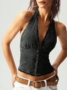 Bohemela Áo thun nữ cổ yếm dệt kim màu trơn giản dị, dáng croptop, phong cách nghỉ dưỡng kiểu Mỹ - màu đen - Xem 3