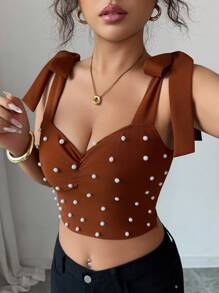 Elenzga Cute Sleeveless Tie-Up Camisole Top For Women, Elegant Romantic Pearls Decor Cropped Vest, Suitable For Music Festival, Halloween