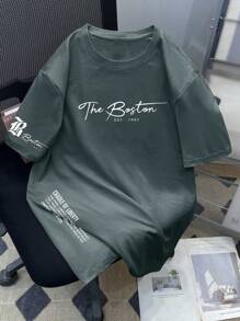 Manfinity Roughcore 夏季大码男士休闲标语印花圆领短袖 T 恤 - 深灰色 - 查看 4