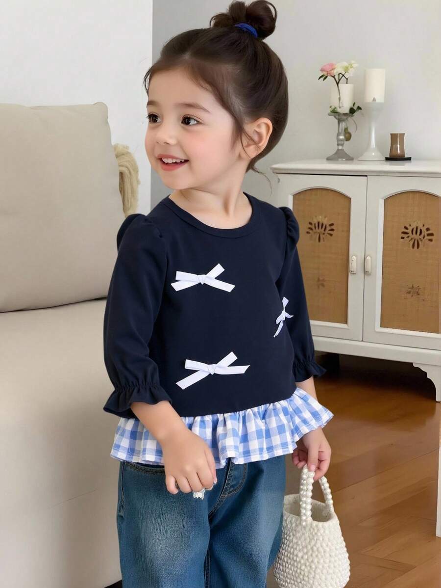 SHEIN Süßes Baby Mädchen Langarm Shirt mit Schleife, Puffärmel, Navy Blau, Herbst/Winter