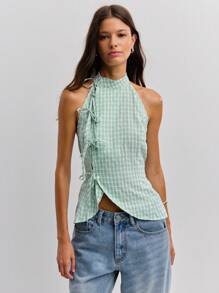 Nöista Summer Chinese Style Neckline Linen Stripes Sleeveless Bows Detail Featuring Linen Stripes And Bow Details! - Cadet Blue - View 1