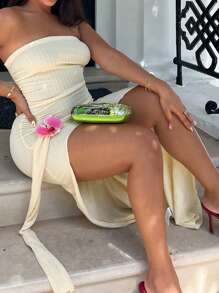 NegzBox 褶饰高开叉抹胸紧身连衣裙，优雅