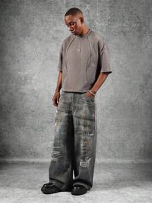 SUMWON Oversized Suede T-Shirt Classic Cropped Design Raglan Seam Panel Streetwear Festival Summer Fashion Statement Urban Style Essential Casual Comfort Grunge Culture - Dark Grey - View 5