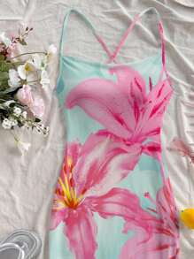 Soleia 休闲度假海滩风格绿色和粉色百合与芙蓉扎染印花图案女式长裙，适合夏季和海滩 - 彩色 - 查看 3