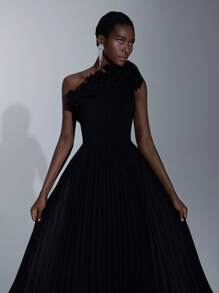 Elitara 褶皱不对称领口荷叶边晚礼服女士正式舞会礼服，黑色优雅舞会婚礼宾客礼服，适合毕业典礼、晚宴派对礼服 - 黑色 - 查看 2