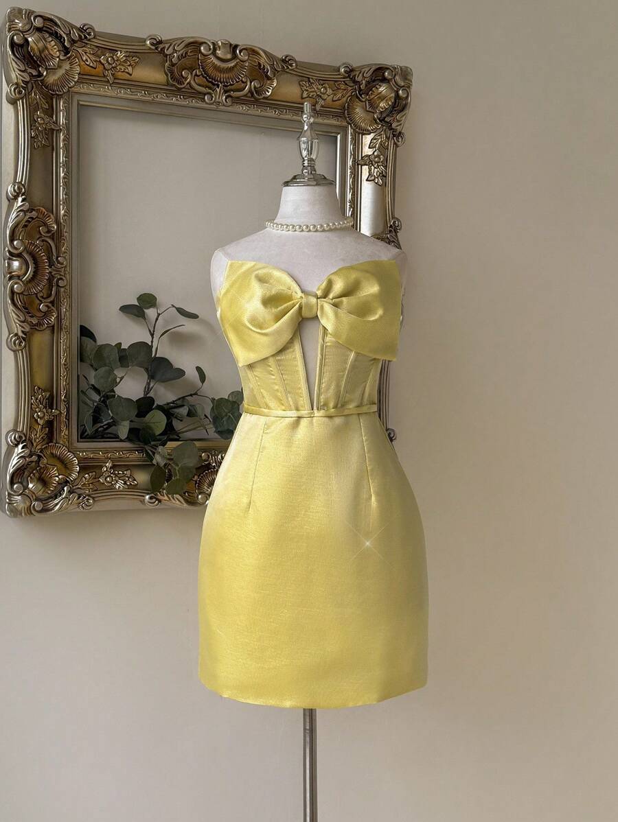 SHEIN Belle Elegant, Romantic, Cute, Sexy, Young, Yellow, Glitter Fabric, Corset Silhouette, Strapless Big Bow, Herringbone Shape, Waisted And Small A-Line, Suitable For Birthday Parties, Graduation Ceremonies, Opening Ceremonies, Music Festivals, Wedding Guests, Ball Gowns, Cocktail Dresses, Party Dress - Yellow - View 1