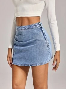 SHEIN Tall 女式休闲牛仔裙，侧开衩褶饰下摆 - 藍色 - 查看 4