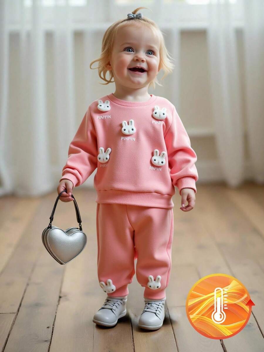 SHEIN 2pcs Baby Girls Cute 3D Rabbit Decor Casual Long Sleeve Pink Sweatshirt + Comfortable Sweatpants Set, Autumn/Winter - Watermelon Pink - View 1
