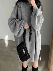 SoleilVie 女士纯色高领落肩长袖休闲宽松针织毛衣连衣裙，适合大学秋季和冬季穿着。