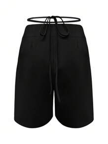 Women's Loose Waist Hollow Out Pleated Loose Fashion Summer Shorts - Black - View 5