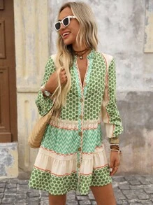 Brillora Women's Floral Wavy Striped Single-Breasted Lantern Sleeve Casual Mini Dress, Boho Dress Women, Summer Long Sleeve Dress, 70s Dress, Cottagecore Dress, Italian Summer Dress,Bohemian,Boho Chic,Boho Women Clothing,Western Wear Women,Western,Fall Clothes For Women,Fall Dress,Halloween Clothes Women,Going Out Outfits,Old Money Style Women,Old Money Dress, - Green - View 6