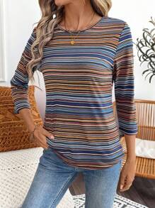 EMERY ROSE Women's Striped Crew Neck 3/4 Sleeve Casual Versatile T-Shirt, Spring Clothes - Multicolor - View 6