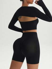 Dewbera Seamless Solid Color Cropped Top And Shorts Women Sports Set Gym Set Long Sleeve Workout Set - Black - View 4