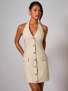 COSMINA Women's Elegant V-Neck Metal Buckle Mini Dress Beige Dress For Women Khaki Dress Neutral Dresses For Women - Khaki - View 4