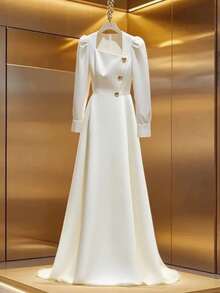 Franclia Women's Solid Color Asymmetric Collar Button Design Puff Sleeve Elegant Dress Fall Cloth For Women