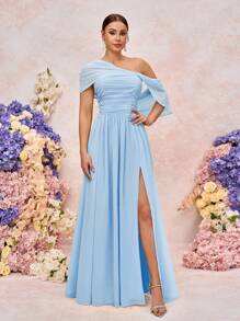 SHEIN Belle 优雅浪漫雪纺不对称露肩褶饰垂袖高开衩 A 字下摆连衣裙，适合婚礼、派对、约会、伴娘 - 淺藍色 - 查看 4