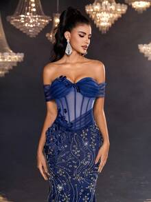 Glamrae Váy dạ hội nữ, Đầm lưới trang trọng, Đầm dạ hội, Đầm trễ vai, thiết kế xương cá, eo nhún, thêu ngọc trai màu xanh nước biển thanh lịch, viền đuôi cá - Màu xanh hải quân - Xem 4