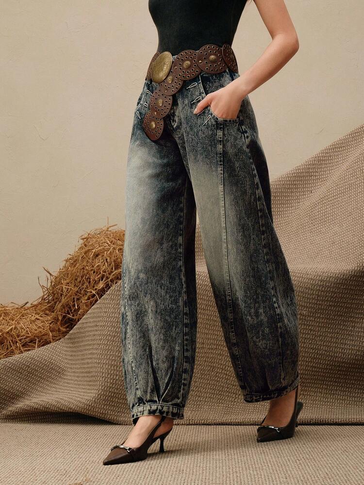 Vintage Curved Knife Harem Jeans, High Waist Loose Wide Leg Women's Jeans, Autumn/Winter