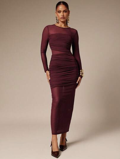 Silquee Women's Solid Color Round Neck Long Sleeve Pleated Mesh Fitted Dress Slim Fit Dress/Women's Birthday Dress/Women's Birthday Dress, Suitable For Daily, Dating, Going Out, Nightclub, Party, Autumn, Women's Autumn Dress,Fall Dresses For Women