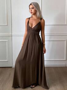 Livesso 女式夏季无袖腰收腰中长连衣裙 - 咖啡 - 查看 3