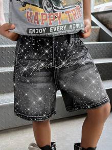 SHEIN 男童秋冬Y2K复古都市街头酷炫风做旧百慕大牛仔短裤，黑色水钻装饰，宽松版型，适合日常穿着，返校季、返校舞会、街头风、秋冬童装、万圣节、夜间外出、圣诞节等场合。 - 黑色 - 查看 4