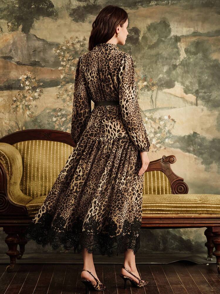 Elegant Women's Long Sleeve Dress With Leopard Print Chiffon And Contrast Lace, Autumn/Winter