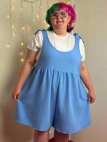 Enliva Abidrinkell Plus Size Casual Blue Sleeveless Tied Jumpsuit, Summer, For Apple Rounded Body Shape