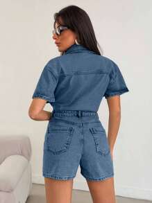 EURMUSE WOMEN BUTTON UP SHORT SLEEVE OVERALL MINI SHORTS - Dusty Blue - View 2