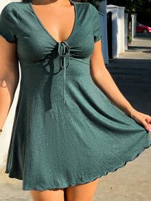 NegzBox Lettuce Trim Drawstring Knot Front Summer Women Outfit Black Dress,Summer Dresses For Women - Dark Green - View 3