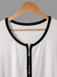 TrendSteals 女式黑白罗纹面料拉链轻便开衫，适合秋夏季 - 彩色 - 查看 3
