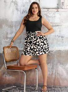 SHEIN LUNE 大码夏季休闲拼布豹纹连体裤