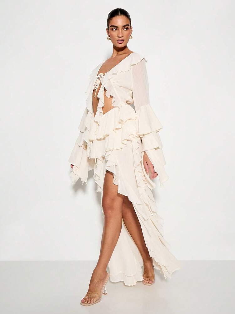 KIZN Jupe longue superposée transparente à volants, tenue de plage, festival, invité de mariage, longue jupe fendue pour soirée spéciale, jupe enveloppante pour plage et fête